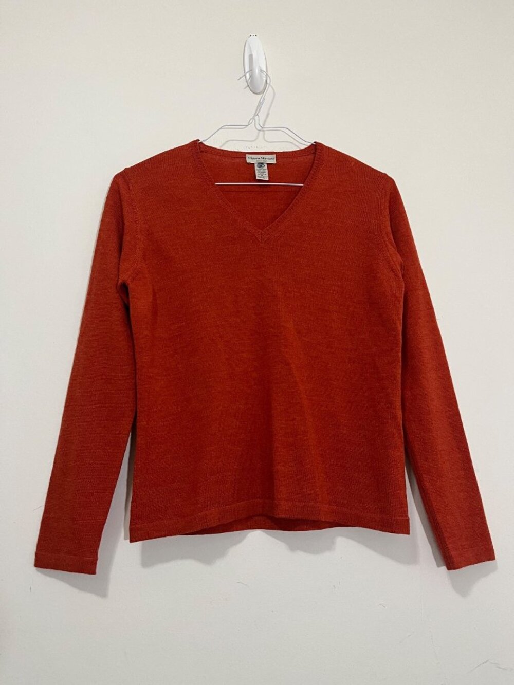 Chiara Marconi Italy 100% Pure Merino Wool V-Neck Sweater Burnt Orange M Office